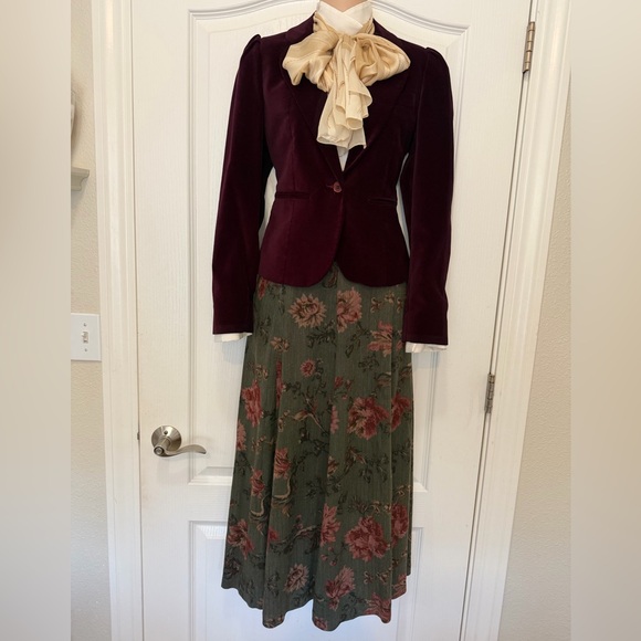 VTG 90s Dark Academia Taupe Burgundy Rose Floral Maxi Skirt By Koret, Size S-M - Picture 5 of 14